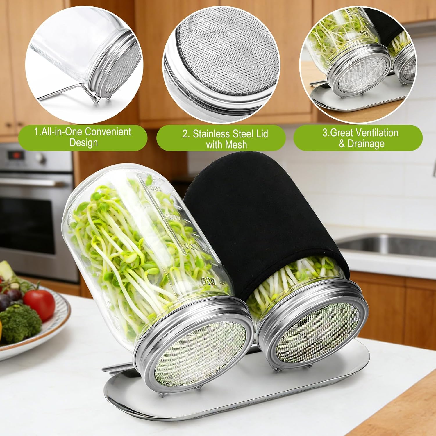 Palksky Regular Mouth Sprouting Kits with Stainless Steel Screen Sprouting Lids & Glass Mason Jars & Light-Blocking