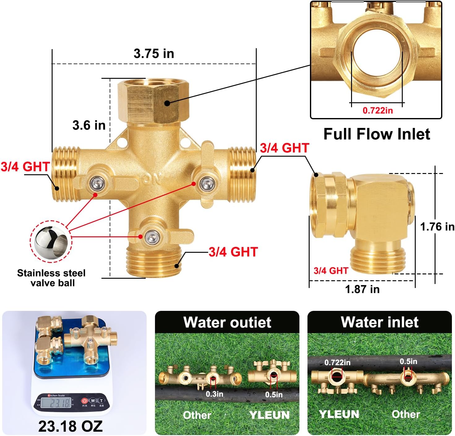 Garden Hose Splitter High Flow Splitter with Swivel elbow Connect Brass Hose Splitter with Shut Off Valves 3 way Hose