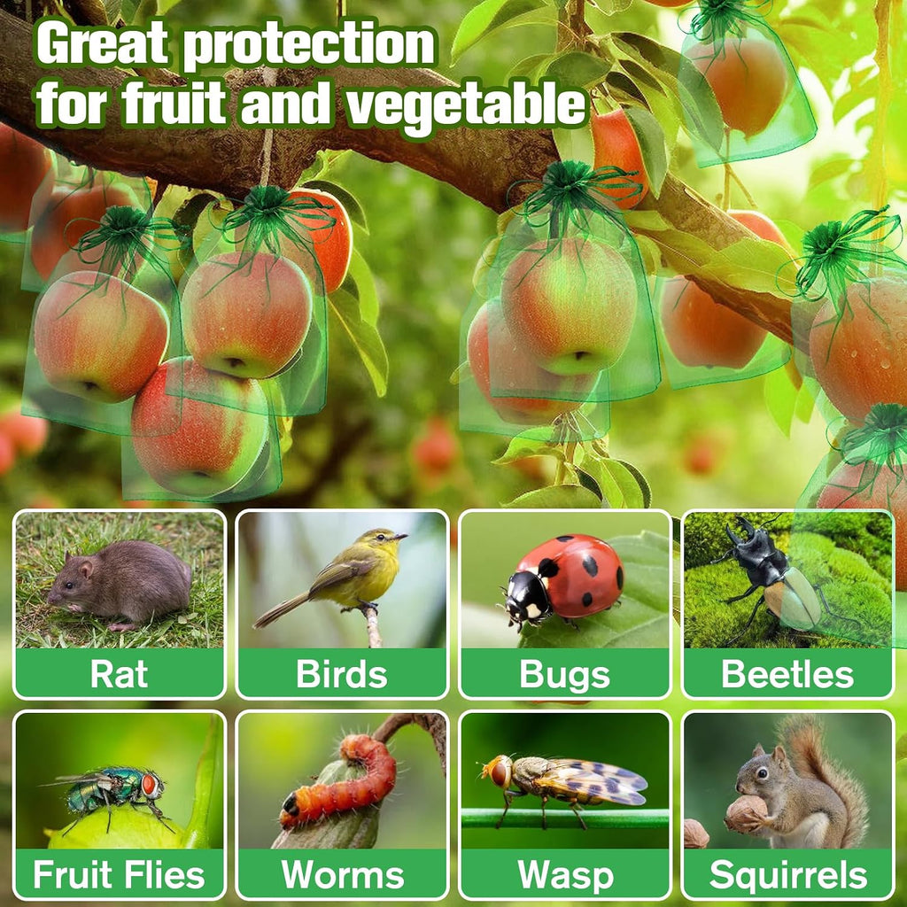 180 Pcs Fruit Protection Bags for Fruit Trees, Green Fruit Netting Cover Bags 3 Size Garden Netting Bags with