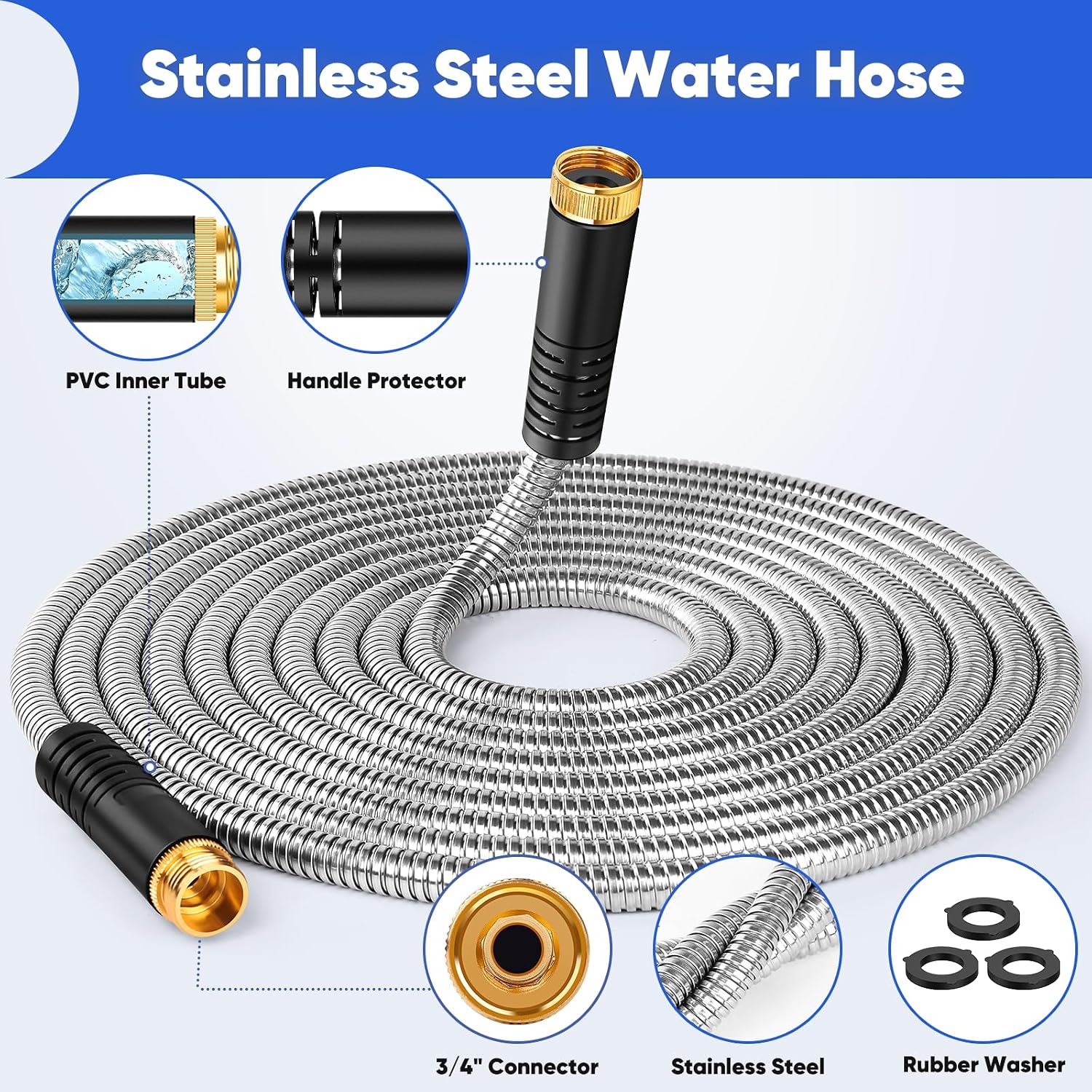 Garden Hose 50ft, Stainless Steel Metal Hose with 10 Function Nozzles | Flexible Water Hose , Kink Free