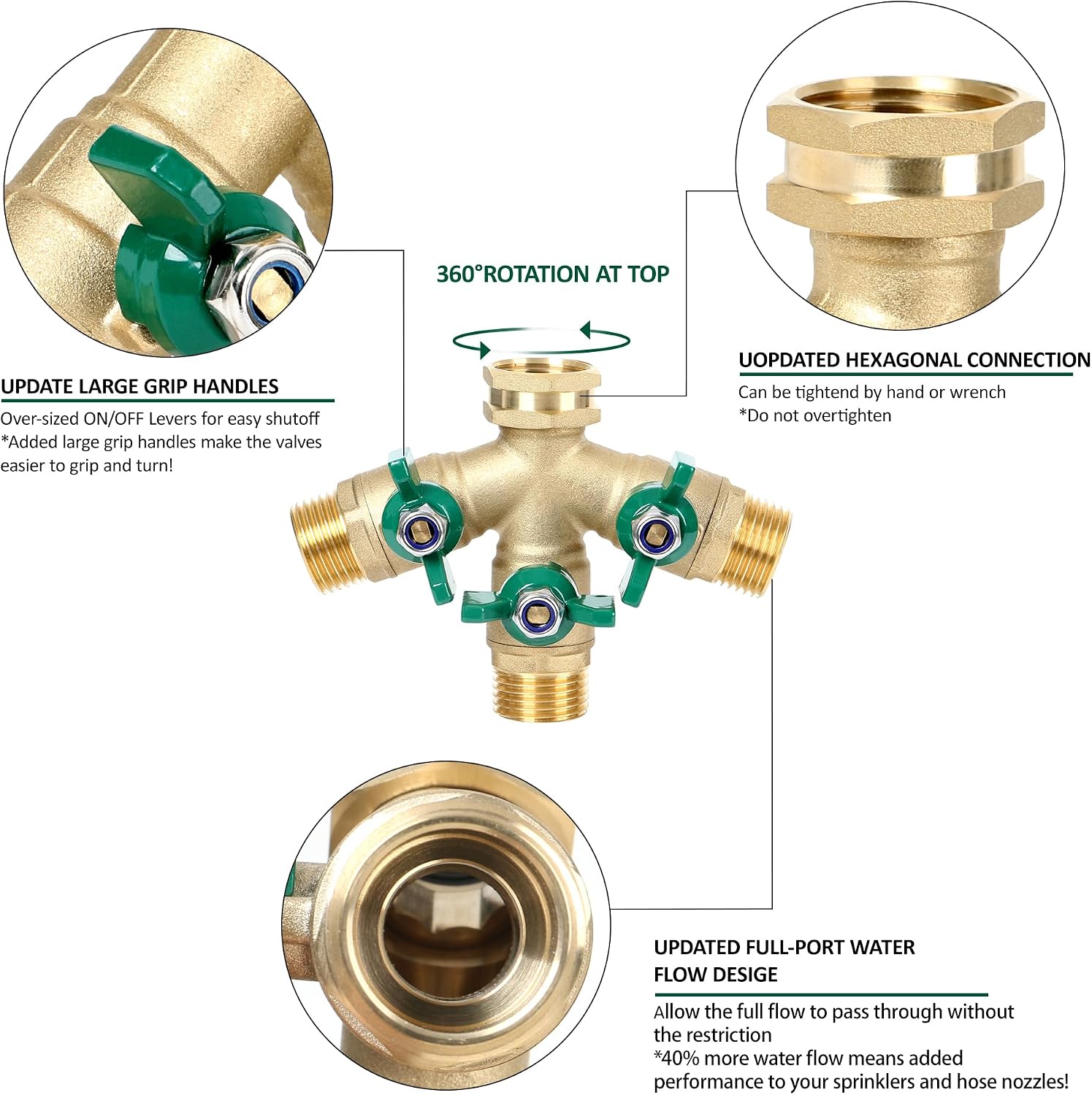 Full Flow 3-Way Garden Hose Splitter, Solid Brass High Volume 3 Way Hose Splitter Valve with Metal Handle, Heavy Duty
