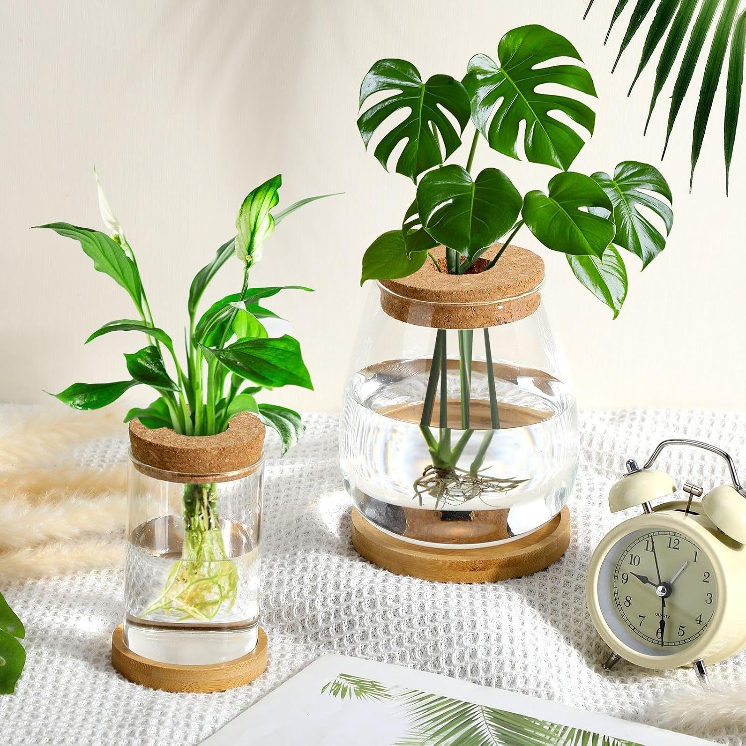 Layhit 4 Pcs Plants Propagation Stations vases Glass Planters with Wooden Lid and Bamboo Stand for Hydroponic Plants