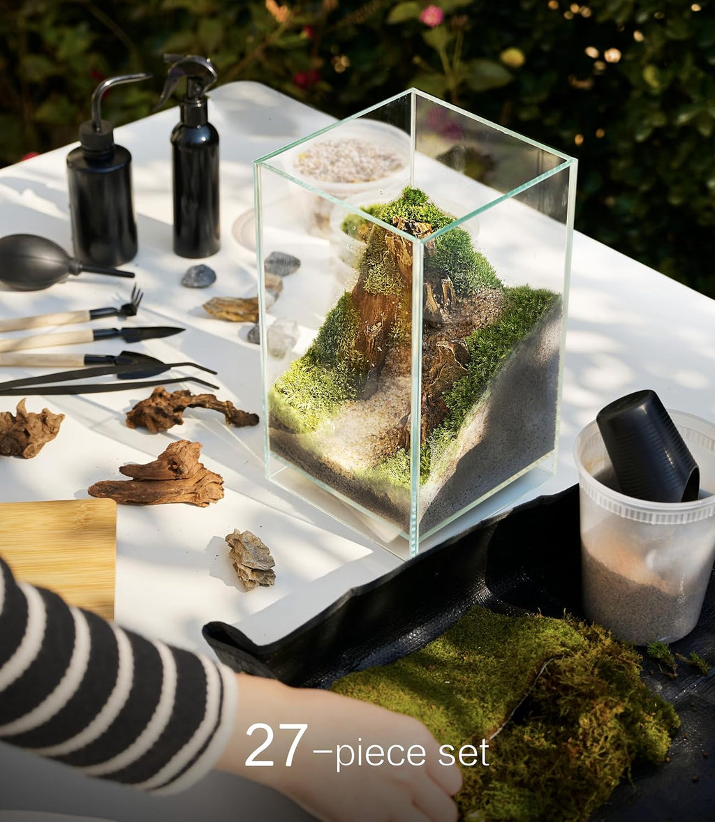 27 PCS Glass Plant Terrarium Kit with LED Grow Light– DIY Moss Terrarium Kit for Adults, Mini Garden Set for Succulent