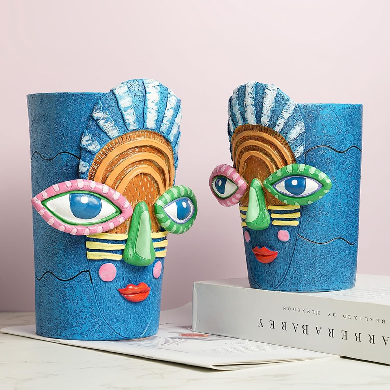 Picasso Blue Face Planter Pots/Vase, Colorful Abstract Head Planter Handmade Resin Flower Pot with Drainage Unique Home