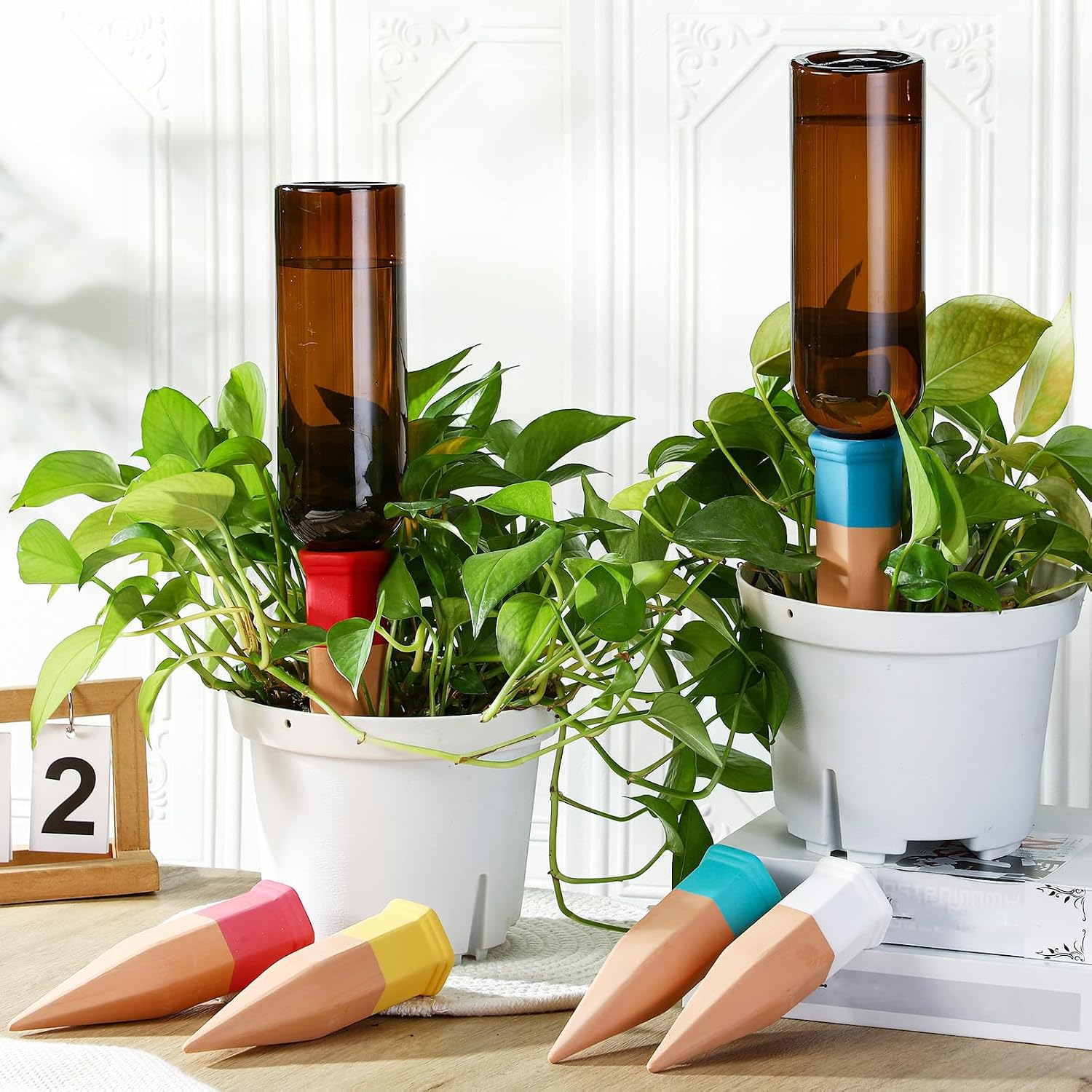 SiliFine 6 Sets Terracotta Watering Spikes,Brown and Mixed Color | 26 oz Bottles for Slow Release Watering, Self