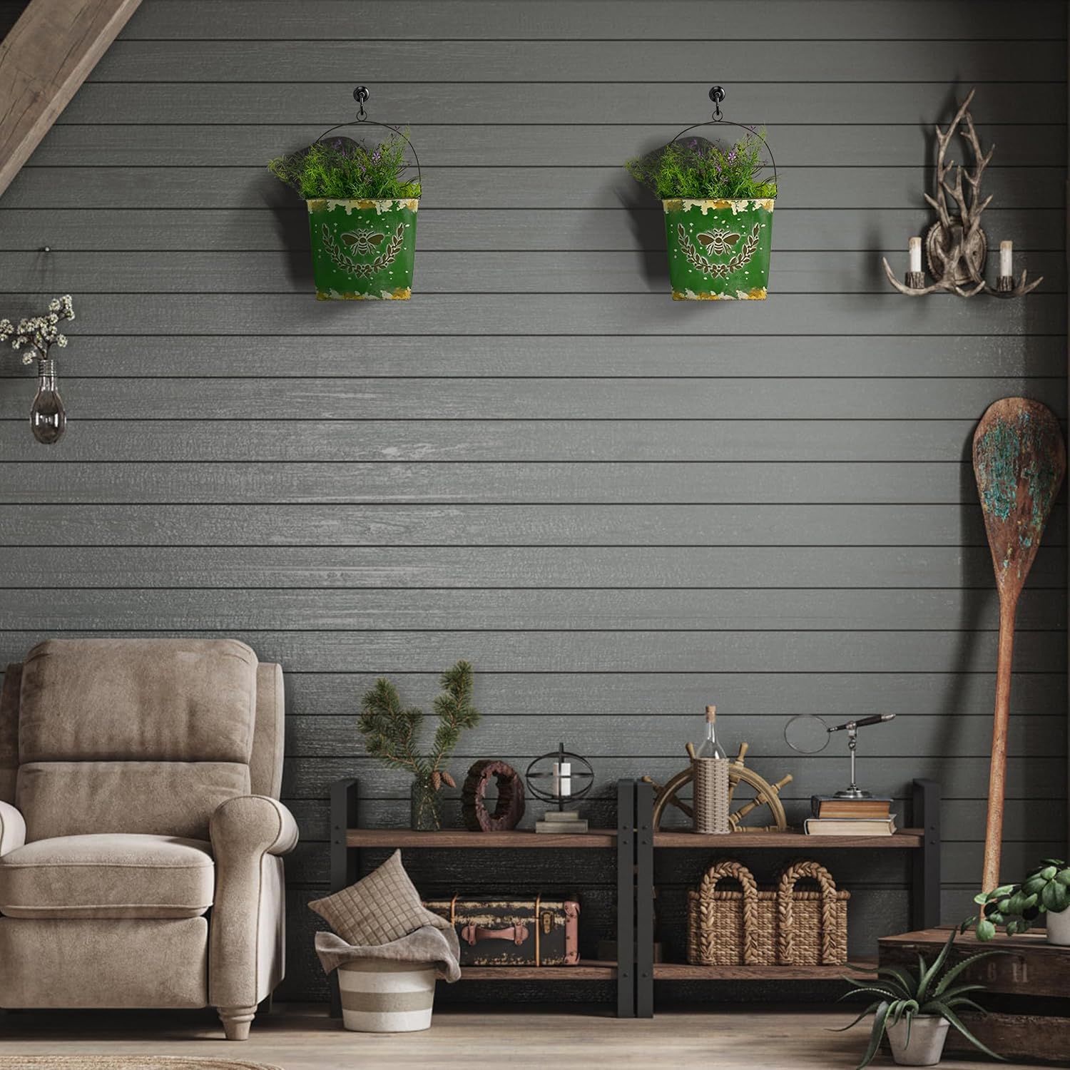 Farmhouse Wall Mount Metal Flower Pots Rustic Galvanized Bee Flower Holder Wall Hanging Pocket Planter for Indoor