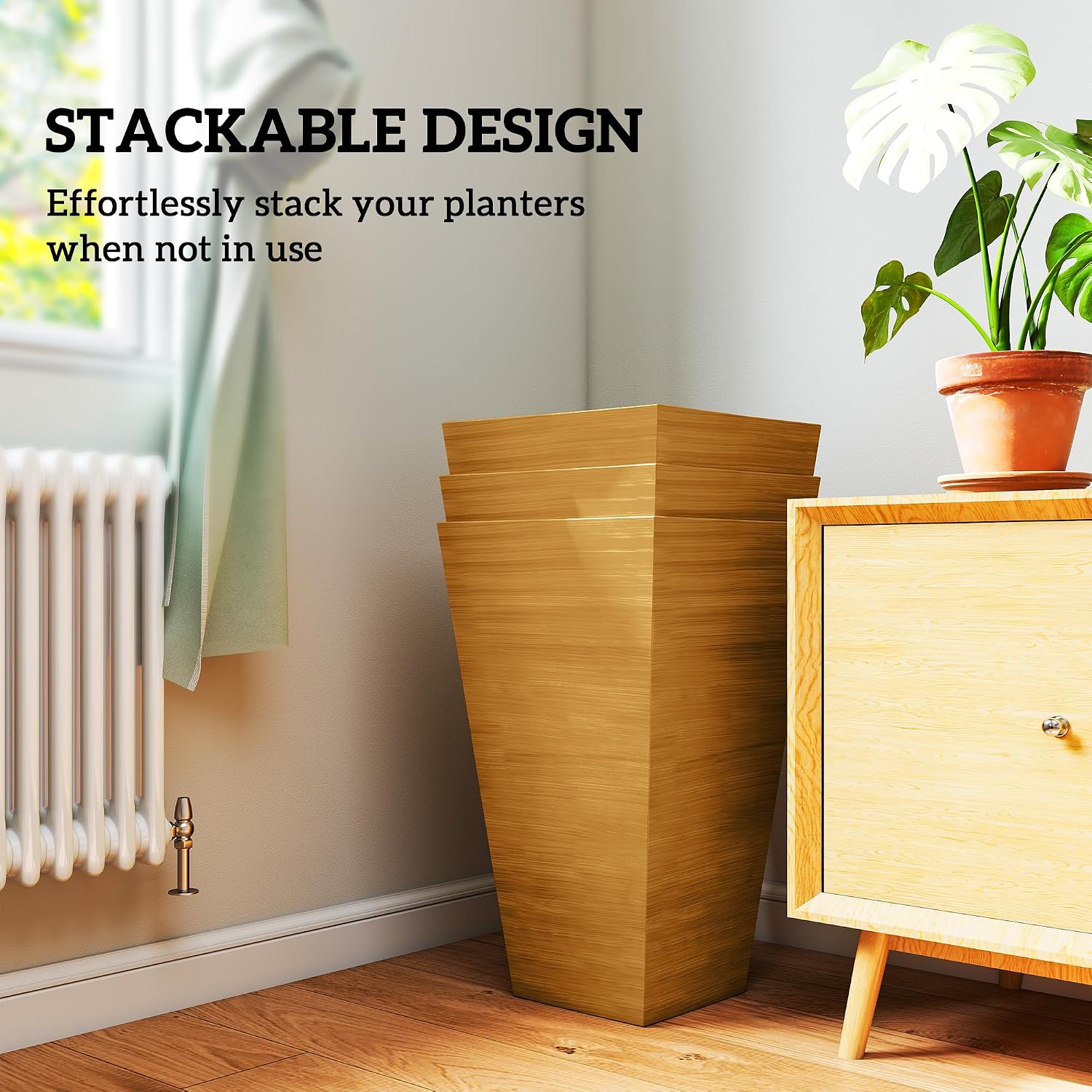 Outsunny 28 Inch Tall Planter for Outdoor Plants Set of 3, Light Brown | Taper Planter, Drainage Holes, Wood Grain