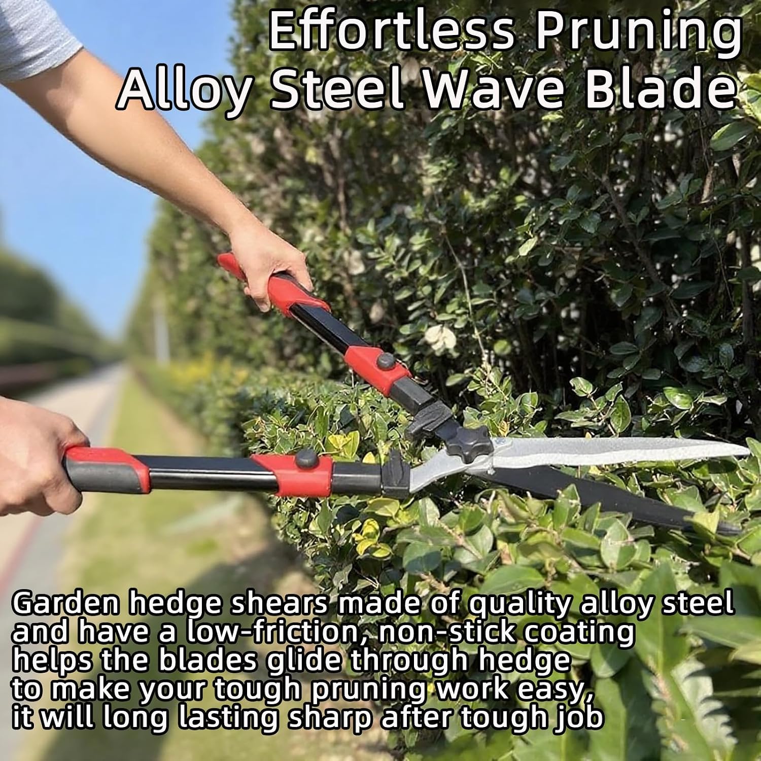 YRTSH Hedge Shears, Extendable 26"-32" Hedge Clippers with Sharp Wavy Blade | Manual Hedge Shears for Trimming Borders