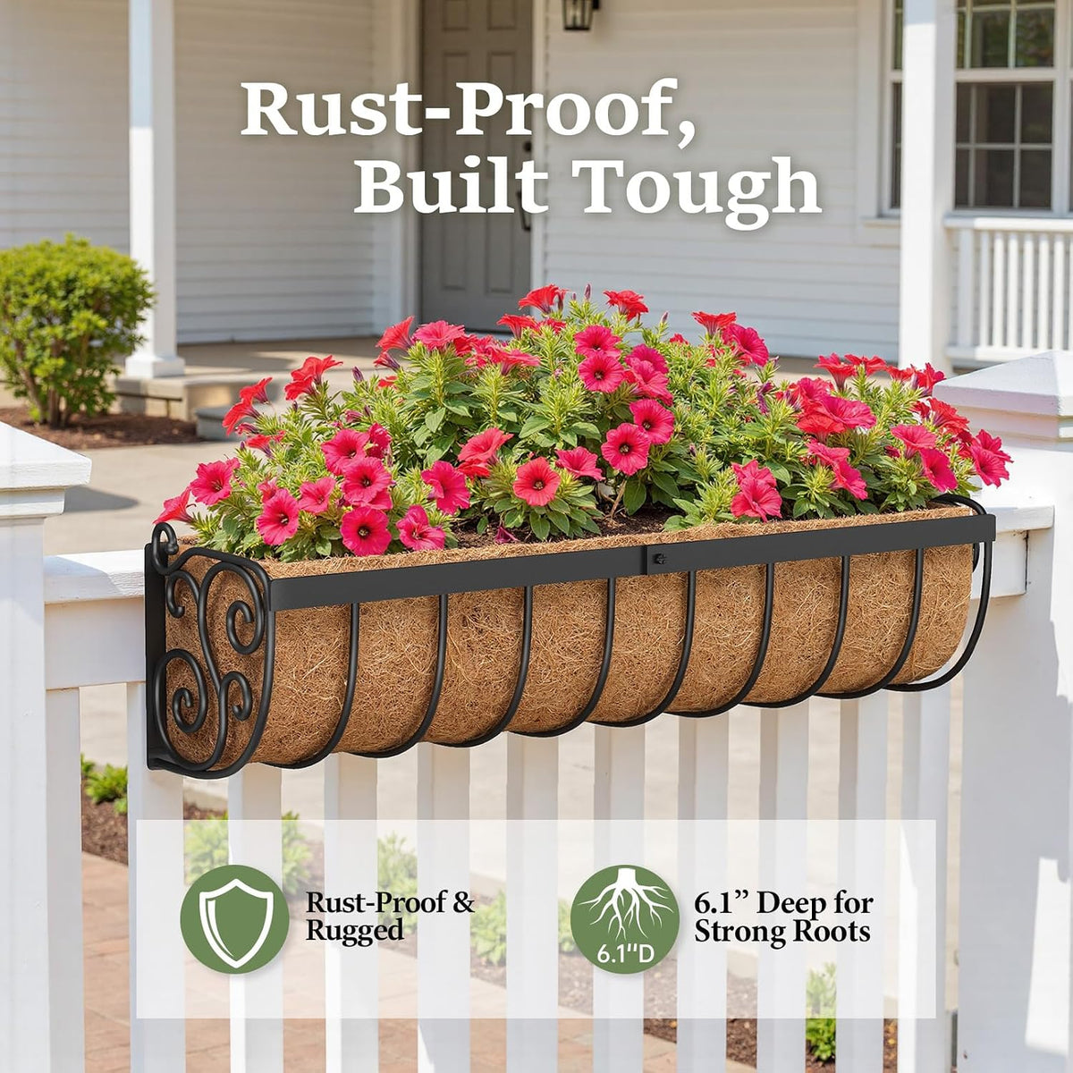 VOXOR Railing Planter Boxes, 24 Inch Window Boxes Planters, Balcony Planters with Adjustable Brackets & Coco Liner for