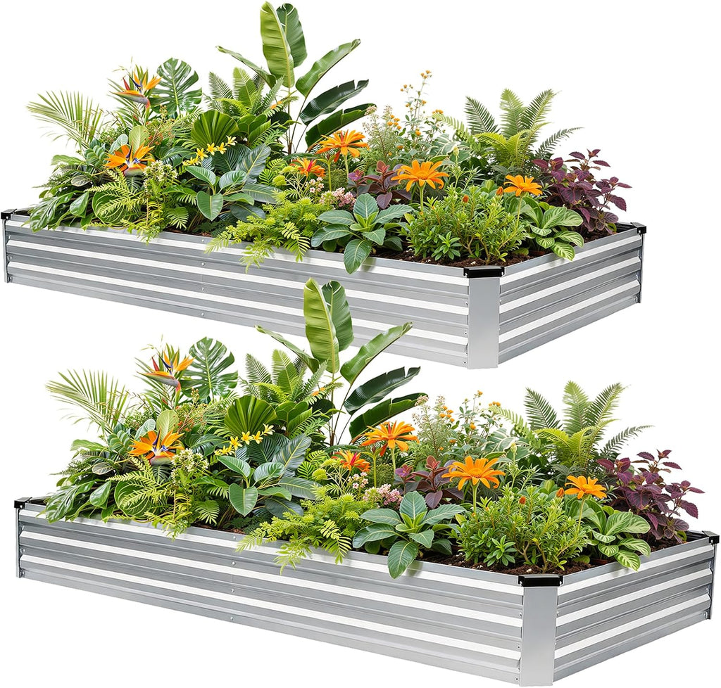 G GOOD GAIN 2Pcs Galvanized Raised Garden Bed 8x4x1ft for Herbs, Silver | Metal Planter Box Outdoor, Rectangular Raised
