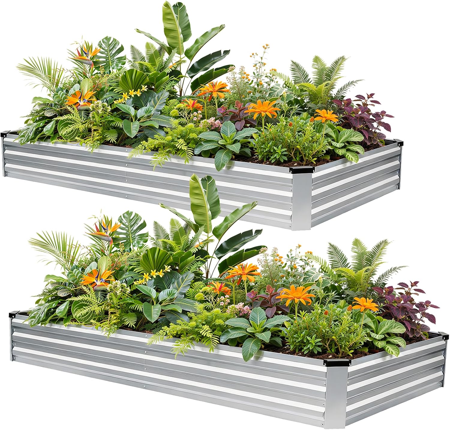 G GOOD GAIN 2Pcs Galvanized Raised Garden Bed 8x4x1ft for Herbs, Silver | Metal Planter Box Outdoor, Rectangular Raised