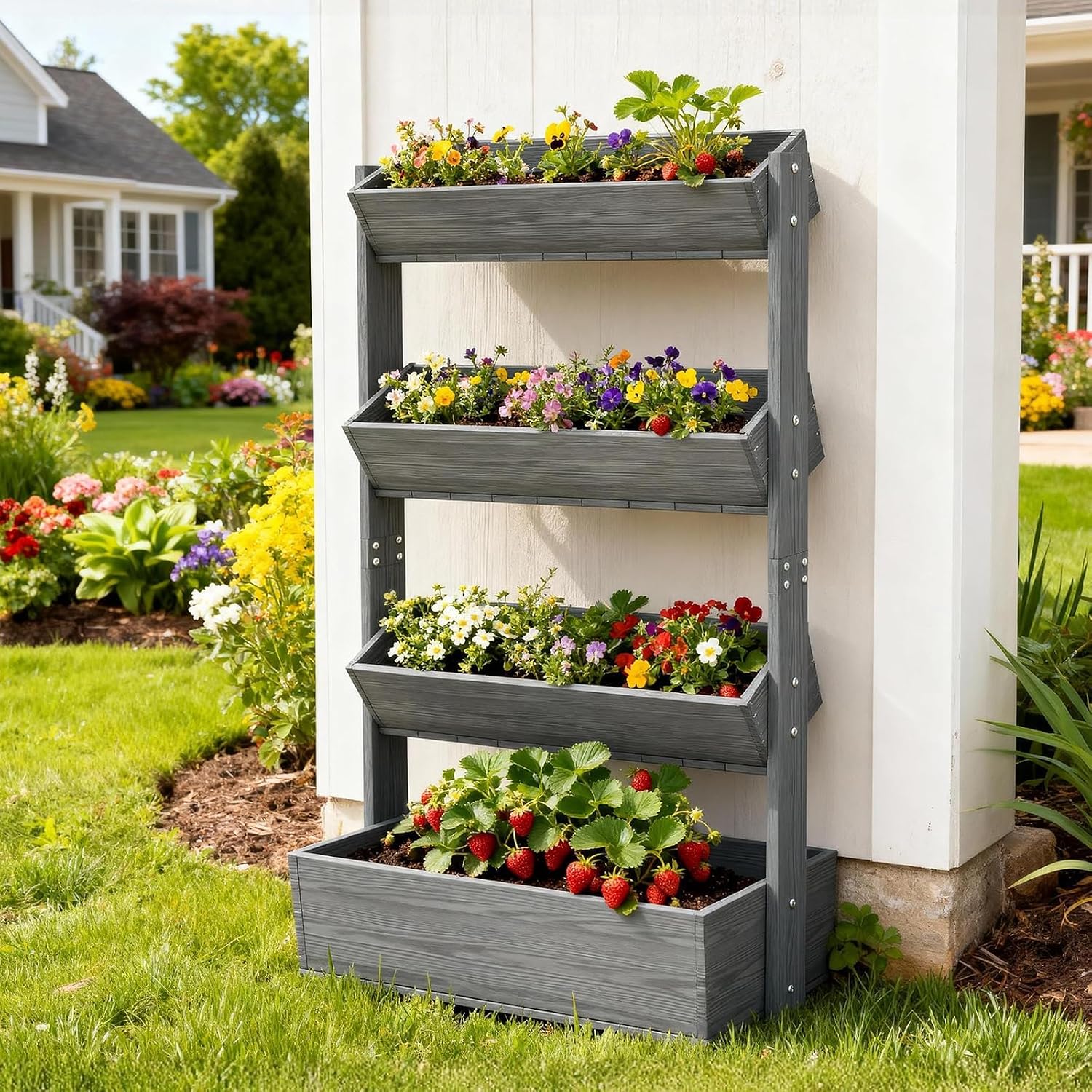 SUNYRISY 4 Tiers Vertical Raised Garden Bed Outdoor Planter Tower | Wooden Freestanding Planter Box for Planting Herbs