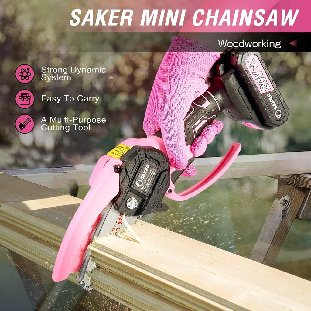 Saker Mini Chainsaw Cordless Pink,2PCS Batteries and 3 PCS Chains | Portable Electric Mini Chainsaw Cordless,Handheld
