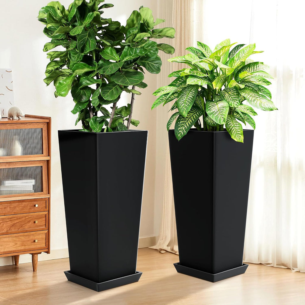 TUYOHW 24-Inch Tall Planters for Outdoor Plants, Set of 2, Black | Square tapered plastic planters with drainage trays