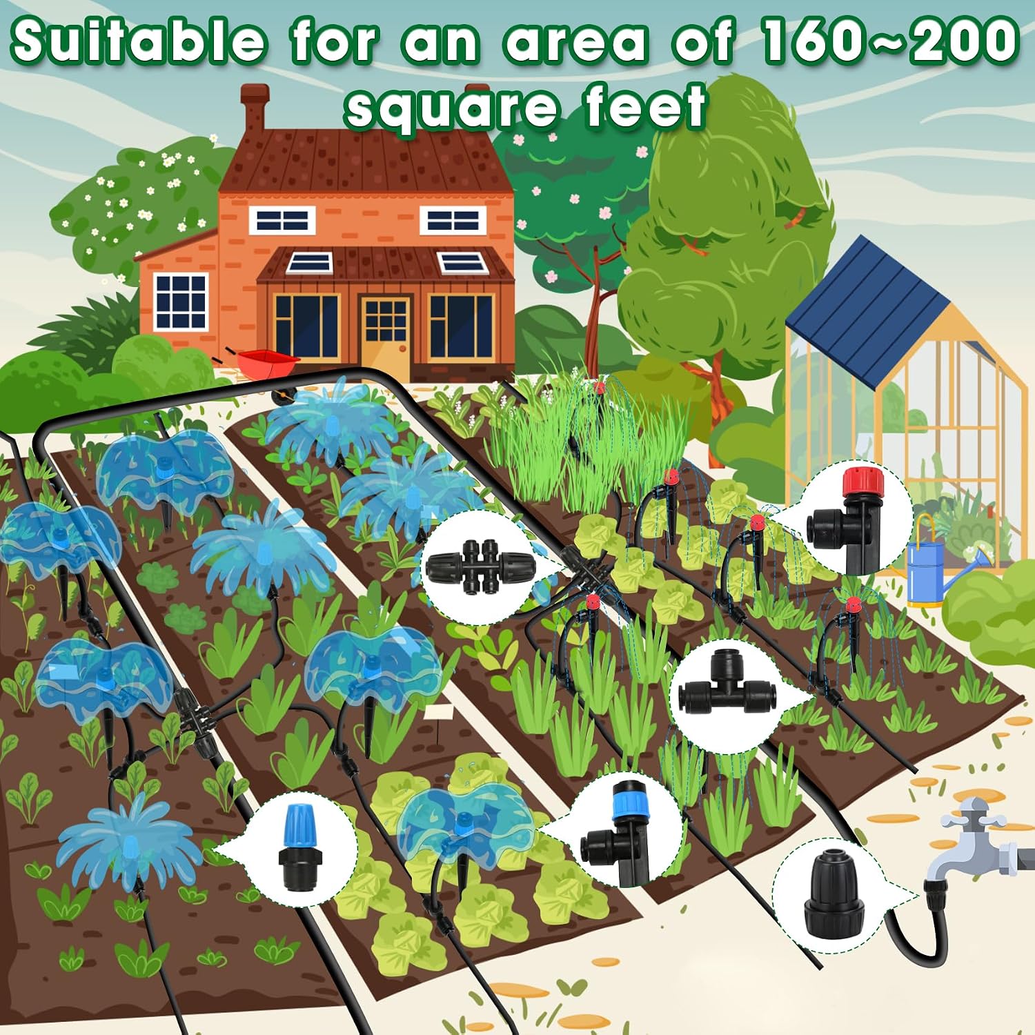 Drip Irrigation Kit, Flantor 190FT Greenhouse Drip Irrigation System Adjustable Garden Watering System with 1/2" & 1/4"