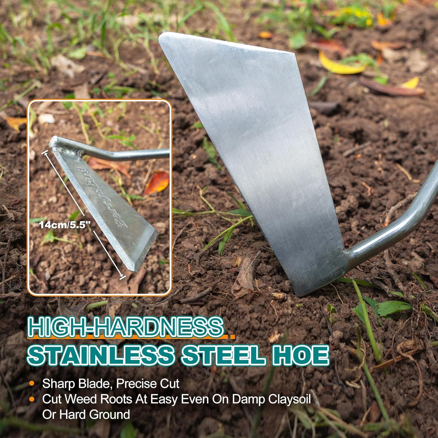 Berry&Bird Swoe Garden Hoe, 61.8'' Stainless Steel Long Handled 3 Edge Hoe with Wooden Hand, Mini Angled/Warren Hoe