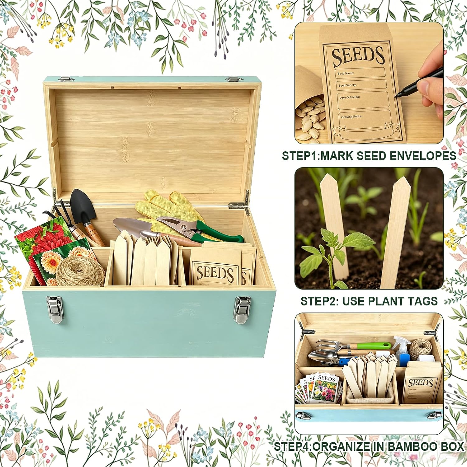 Bamboo Seed Storage Organizer Box with Lock