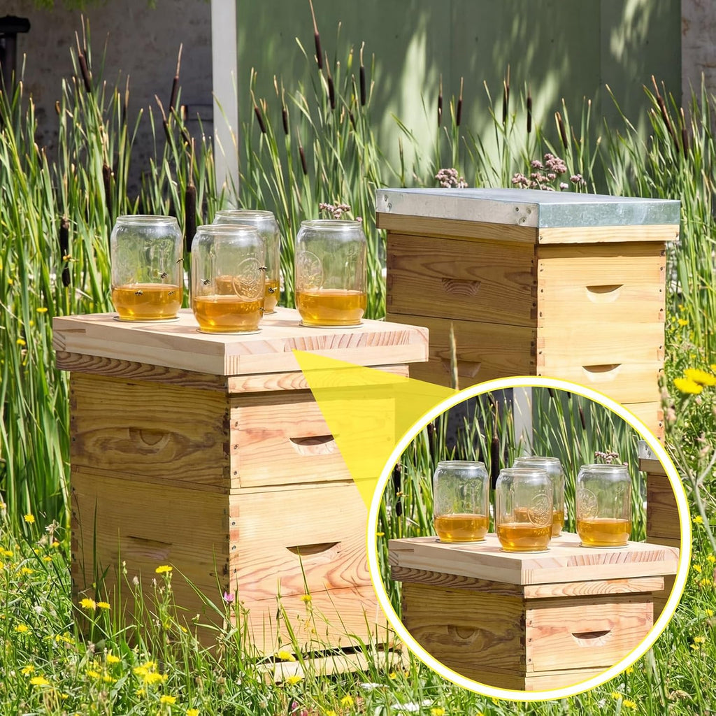 Rtteri 1 Pcs Bee Feeders for Hives with 4 Lids Wooden Honey Mason Jar Beehive Entrance Feeder for Beekeeping Bee