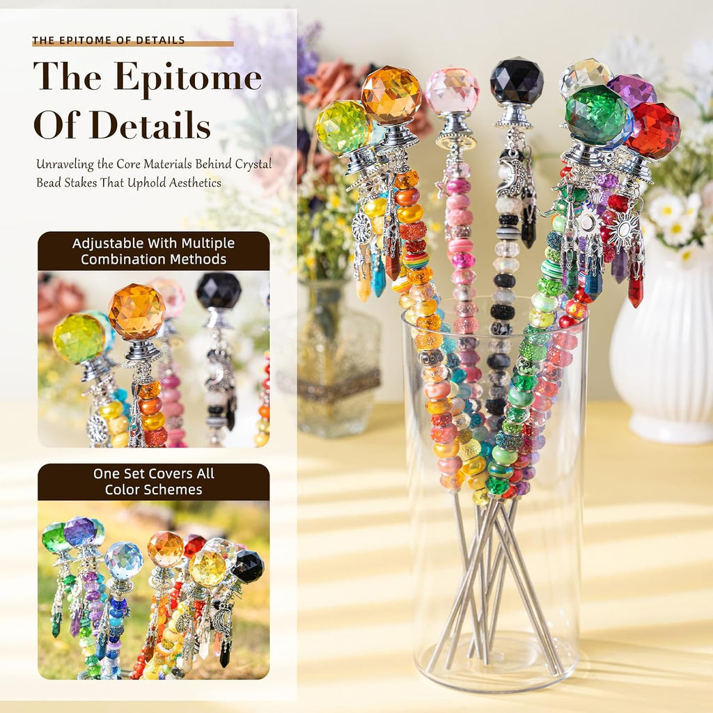 260Pcs DIY Beaded Garden Stakes, Fairy Wand 10-Pack Decorative Kit | Healing Crystal Pendant, 12in Threaded Rods