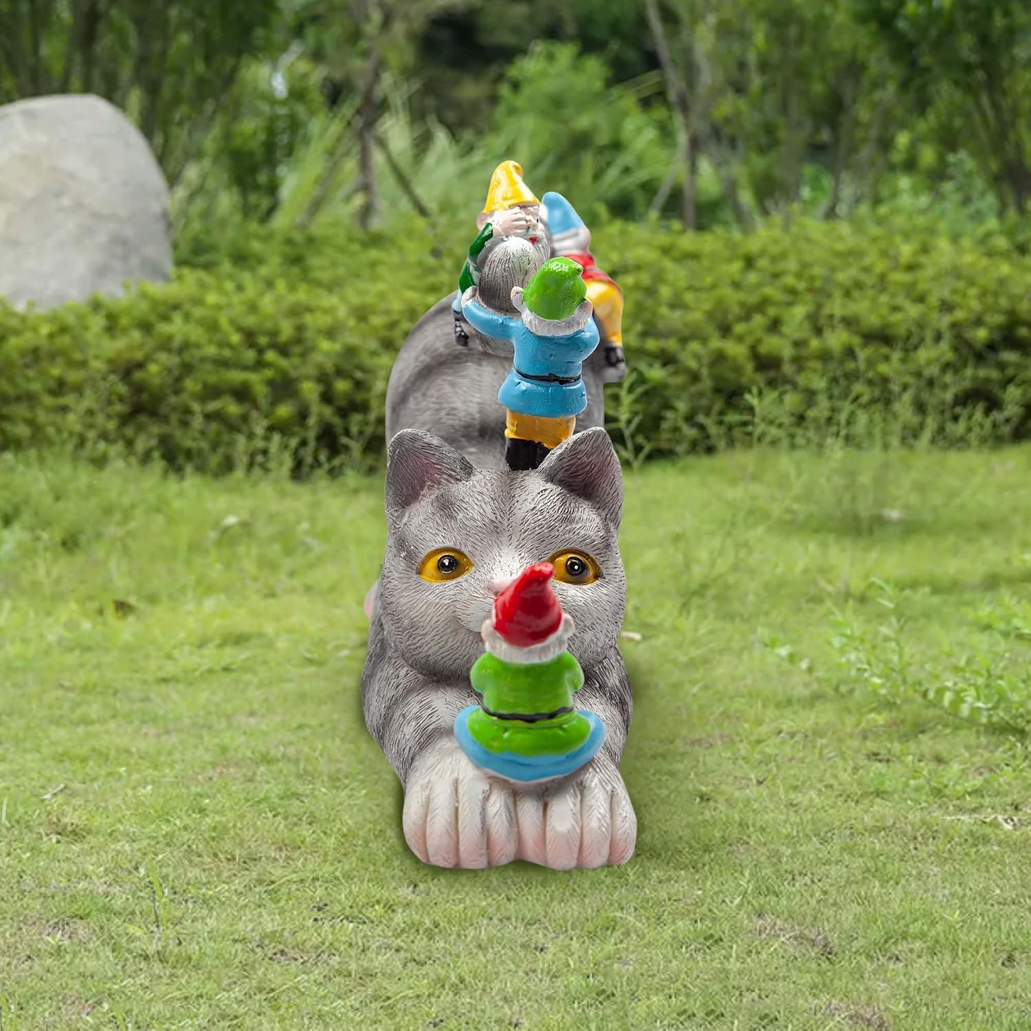 Adorable Cat with Gnomes Garden Statue,Hand-Painted Resin Outdoor Decor | for Patio & Lawn, Unique Gift for Cat Lovers