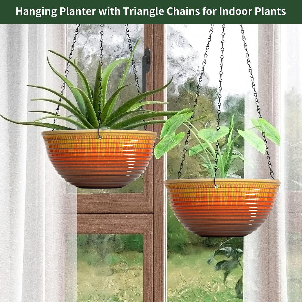 12 inch Large Hanging Planters with Drainage Hole, 2 Pack | Ceramic Look, Hanging Flower Pots for Indoor Outdoor