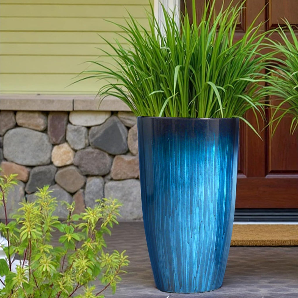 Worth Garden 20" H. Large Plastic Planters - Set of 2 Gradient Blue Glossy Smooth Finish - Tall Plant Pots for Indoor &