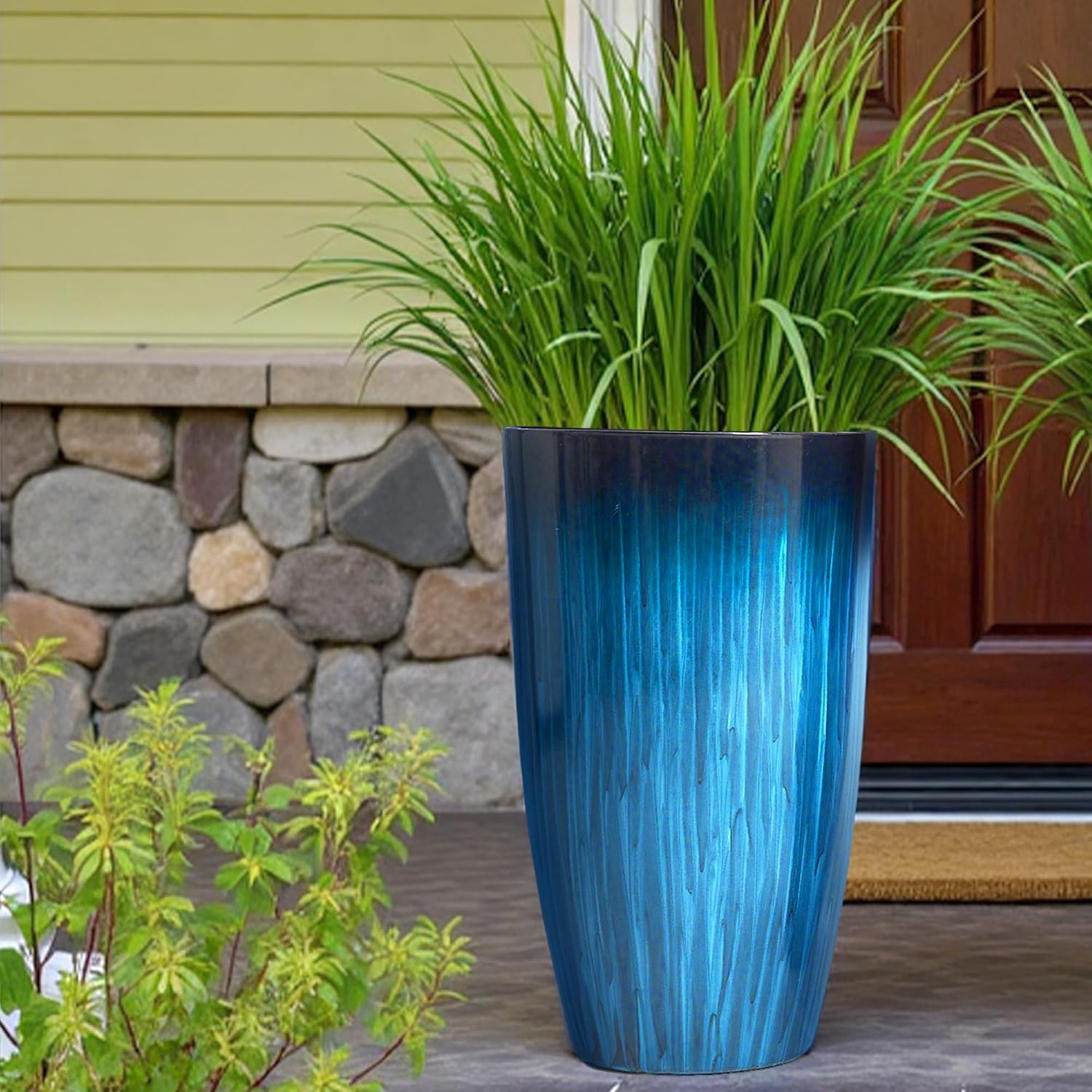 Worth Garden 20" H. Large Plastic Planters - Set of 2 Gradient Blue Glossy Smooth Finish - Tall Plant Pots for Indoor &