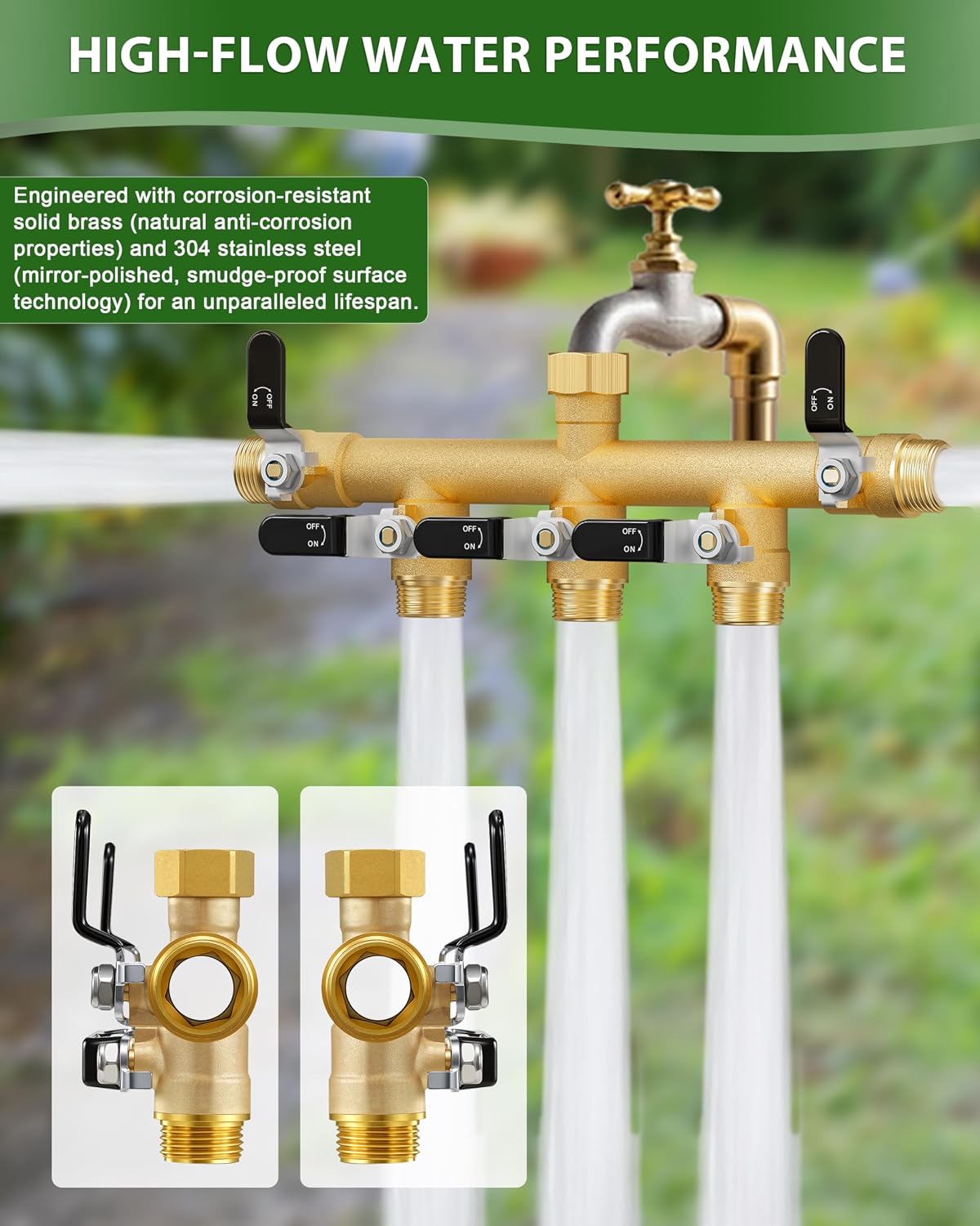 Garden Hose Splitter, 5 Way Heavy Duty Brass hose splitter, Water Hose Bib Spigot Splitter with 0.59" Full Flow Ball