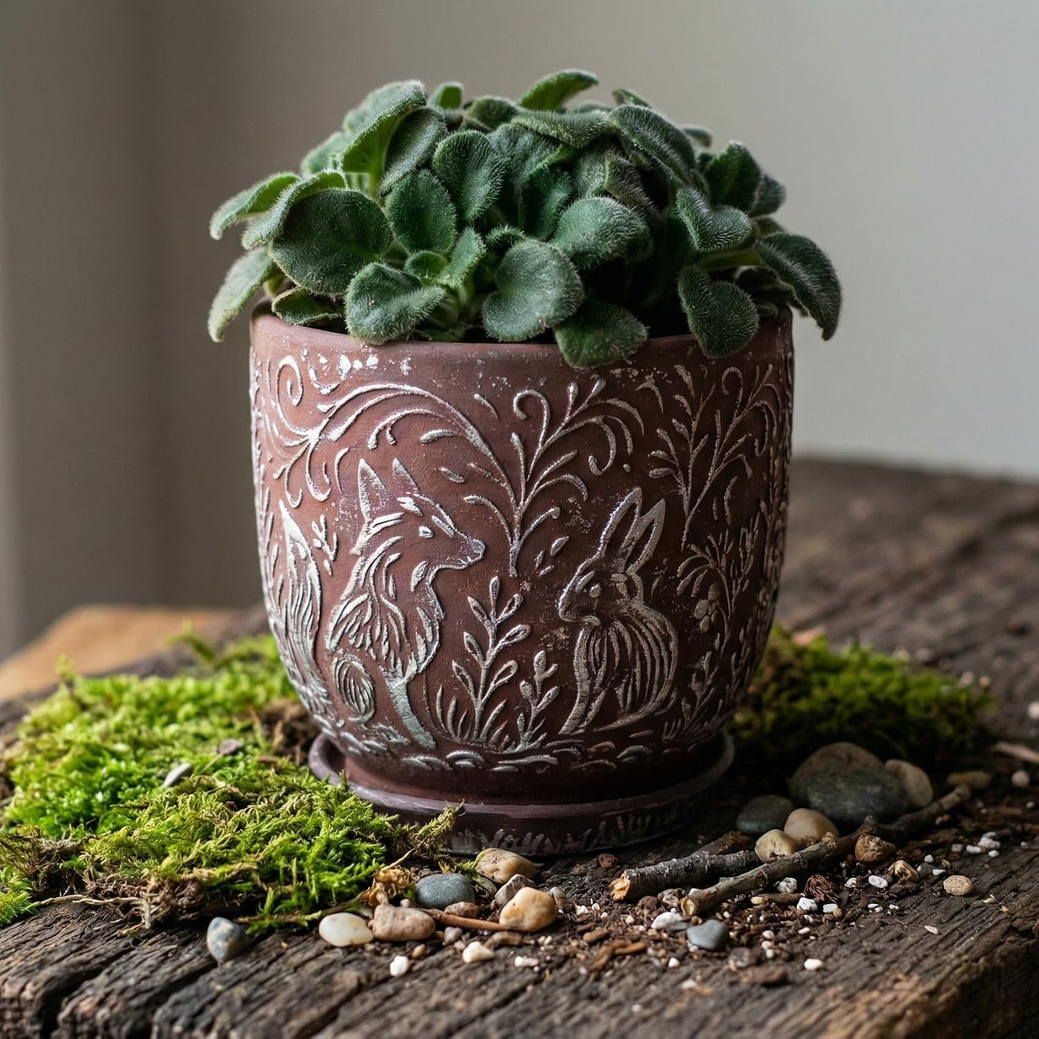 Decorative Ceramic Planter Pot with Saucer, Brown with Gold and Silver Owl Pattern, Indoor Garden Container with
