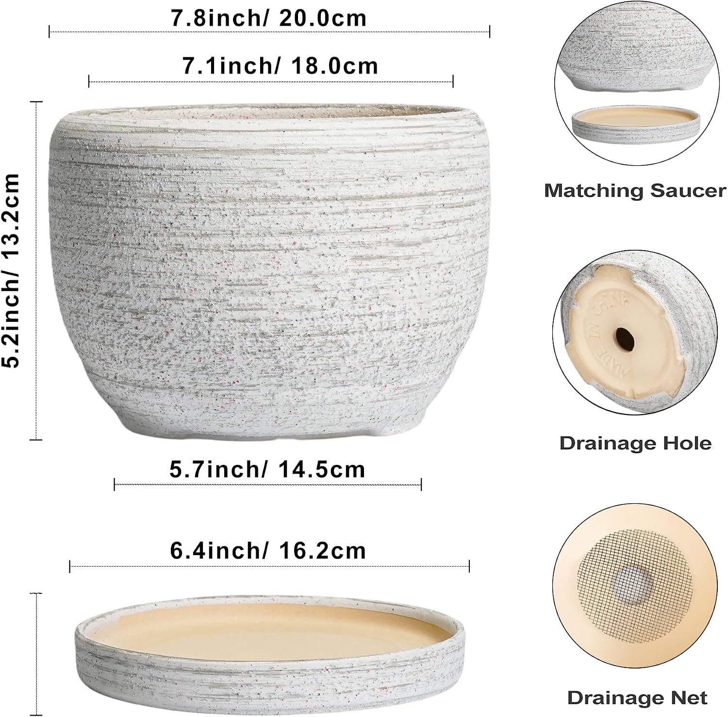 SQOWL Ceramic Plant Pots - 8 inch Planter for Indoor Plants, Round Flower Pot with Drainage Hole and Plant Saucer