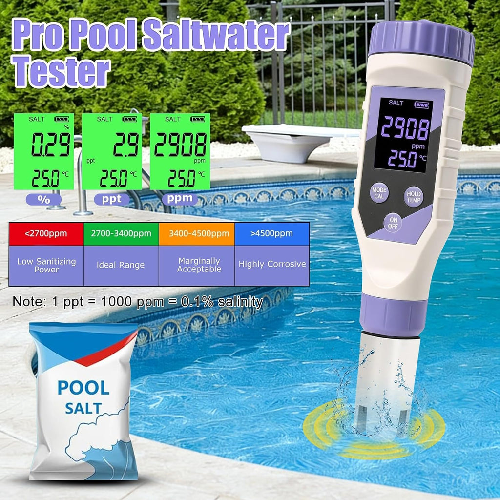 7-in-1 Digital Pool Water Tester – Chlorine, pH,Salt,ORP, EC, TDS&Temp Meter for Saltwater Pools, Hot Tubs, Spas