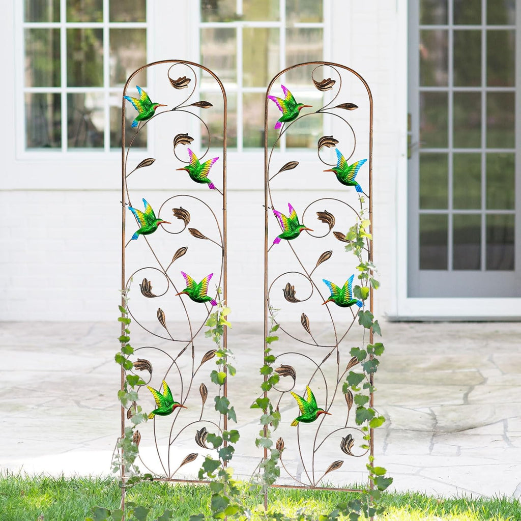 2 Pack Metal Garden Trellis for Climbing Plants | 60 Inch High, Decorative with Hummingbirds, Easy Assembly Arched