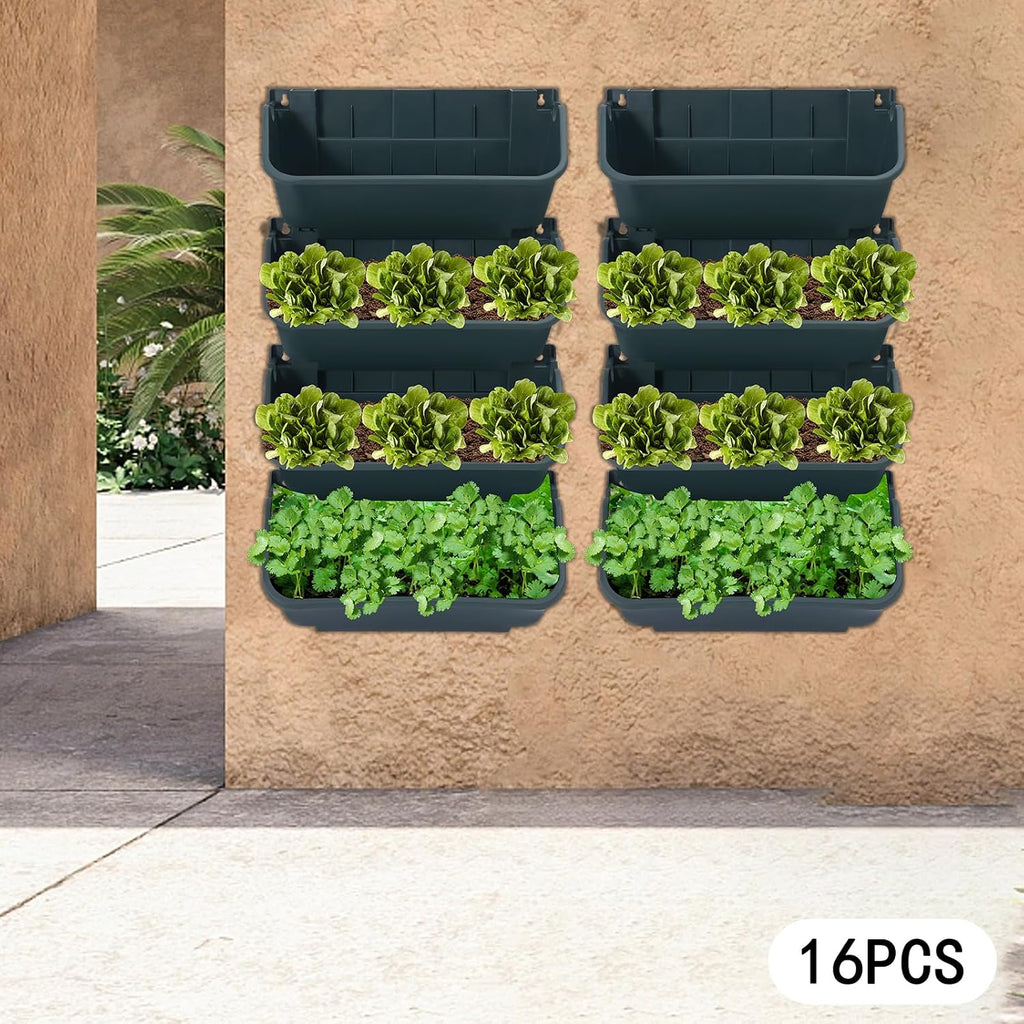 Vertical Wall Planter with 16 Pots, Hanging Garden Plant Flowerpot Holder, Stackable Wall-Mounted Planter, Balcony