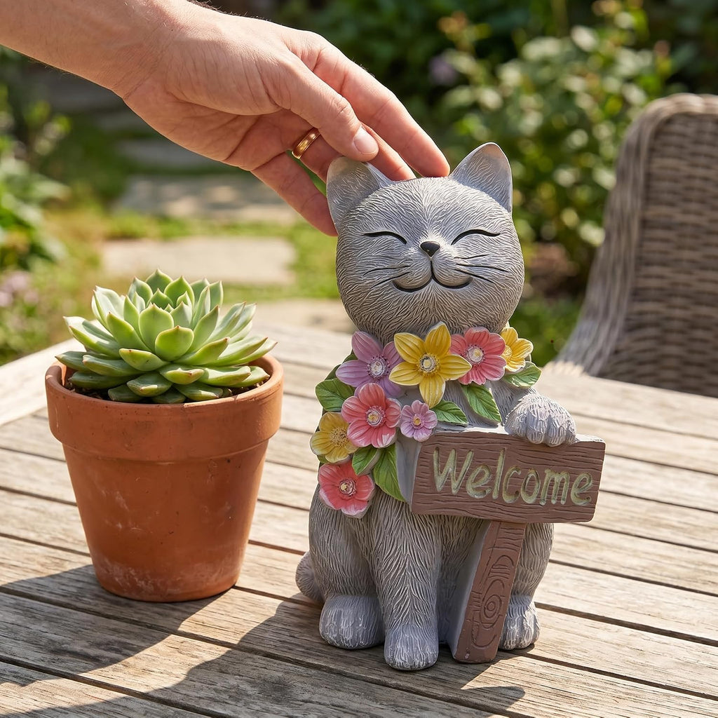 Solar Cat Garden Statue for Outdoor Decor, Cat Solar Light | Resin Welcome Cat with Flowers for Garden, Yard, Lawn