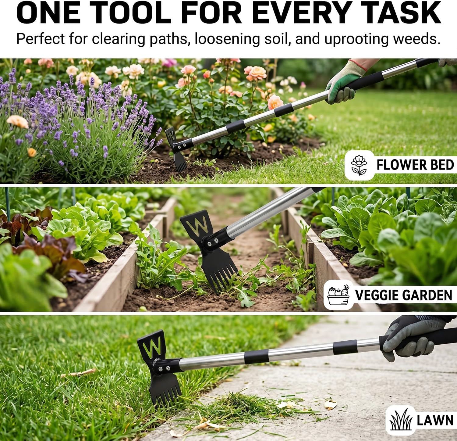 60" Weed Puller Tool with Long Handle, Heavy Duty 2-in-1 Stand Up Weeding Tool & Garden Hoe, Manual Weed Remover and