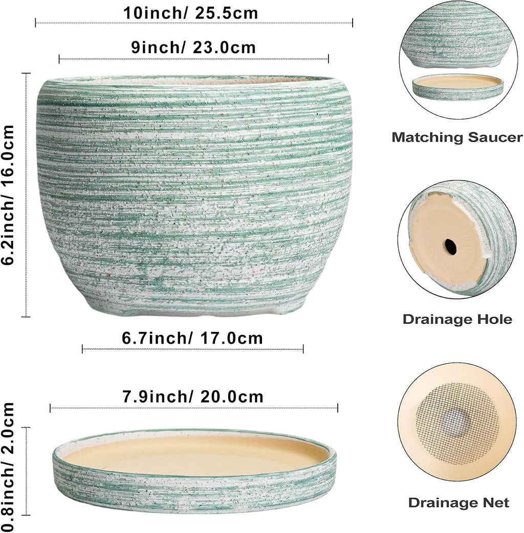SQOWL Ceramic Pots for Plants - 10 Inch Ceramic Planter for Indoor Outdoor, Modern Round Flower Pot with Drainage Hole