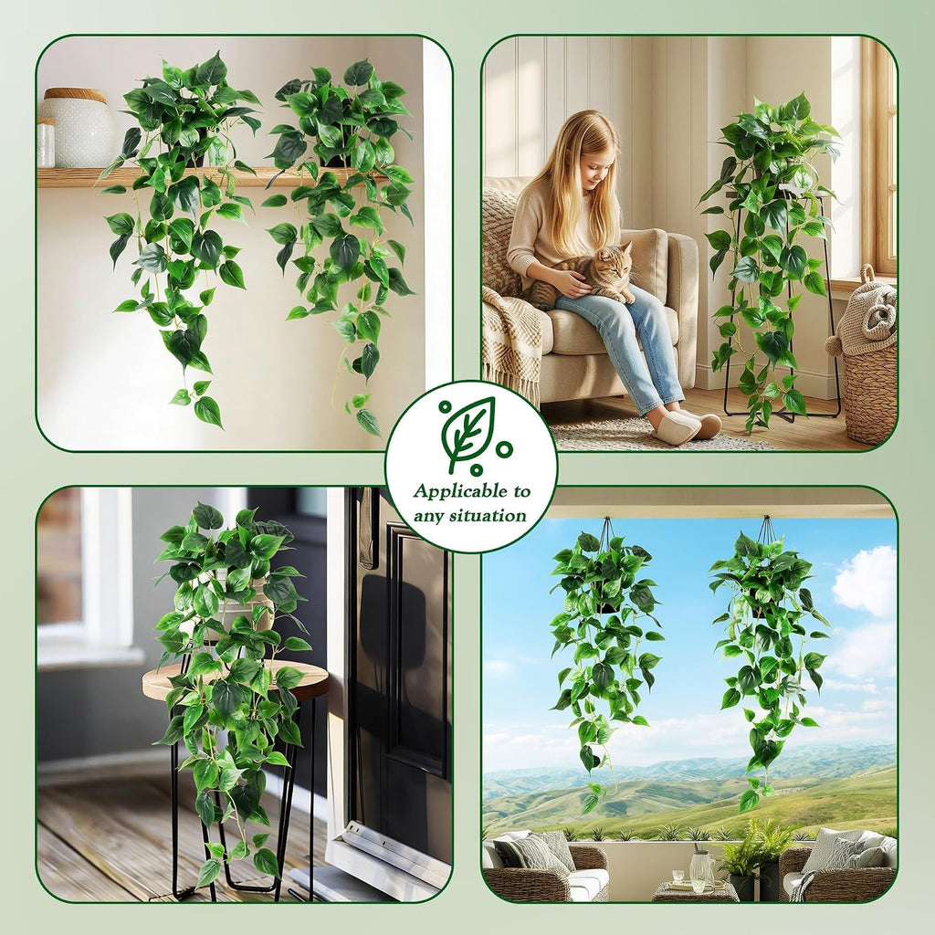 Fake Hanging Plants with Pots - Realistic Artificial Plant for Indoor Outdoor, 33In Silk Fake Potted Plants, 2PC Faux