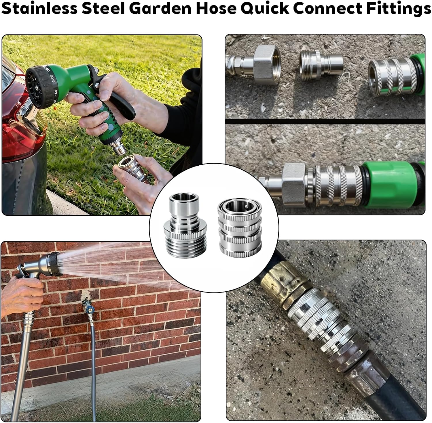 5 Pack Stainless Steel Garden Hose Quick Connect Fittings Set - Quick Connect Hose Fittings, Heavy-Duty 1/2" to 3/4"