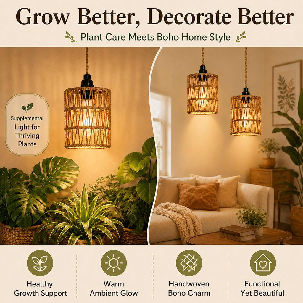 2 Pack Hanging Grow Lights for Indoor Plants Boho Rattan Plant Light | 15FT Power Cord with Timer, 15W Full Spectrum