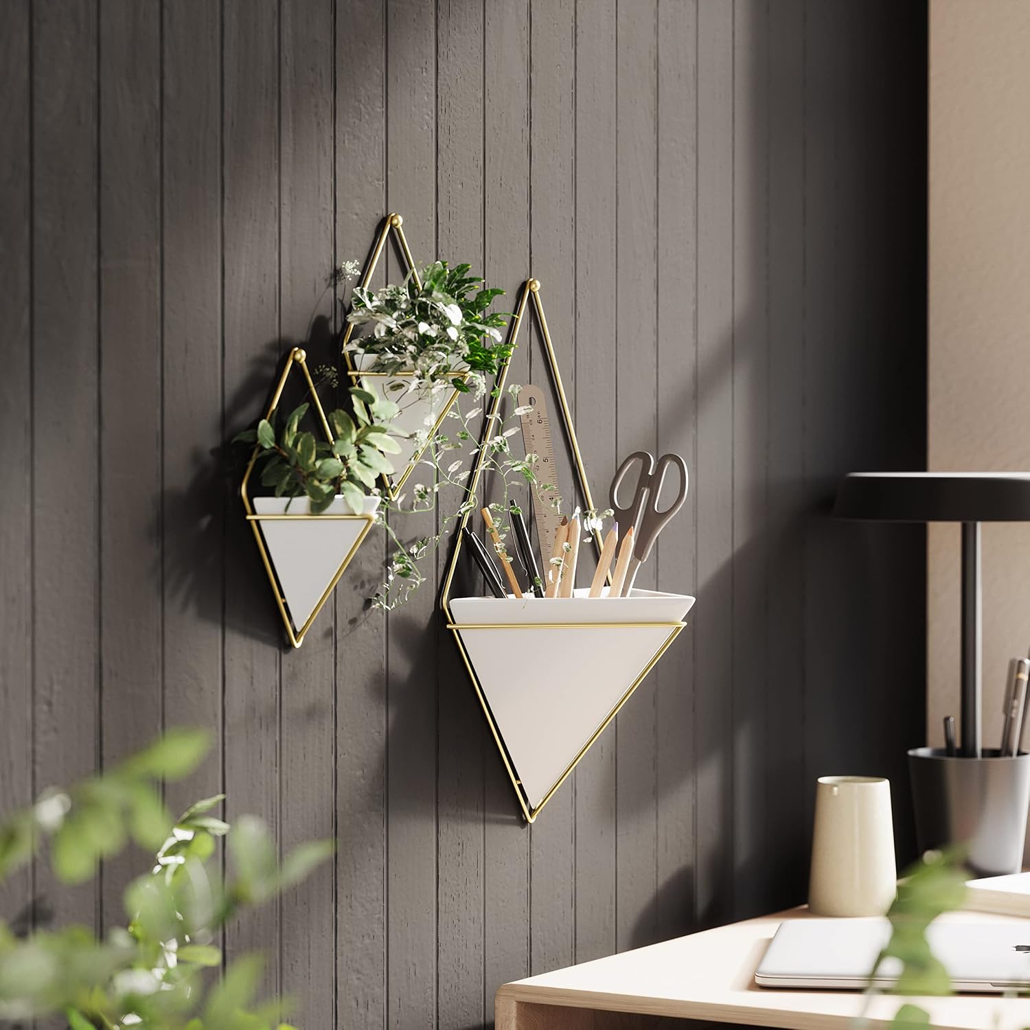 Umbra Trigg Hanging Planter for Small Plants, Set of 2, Small, White/Brass