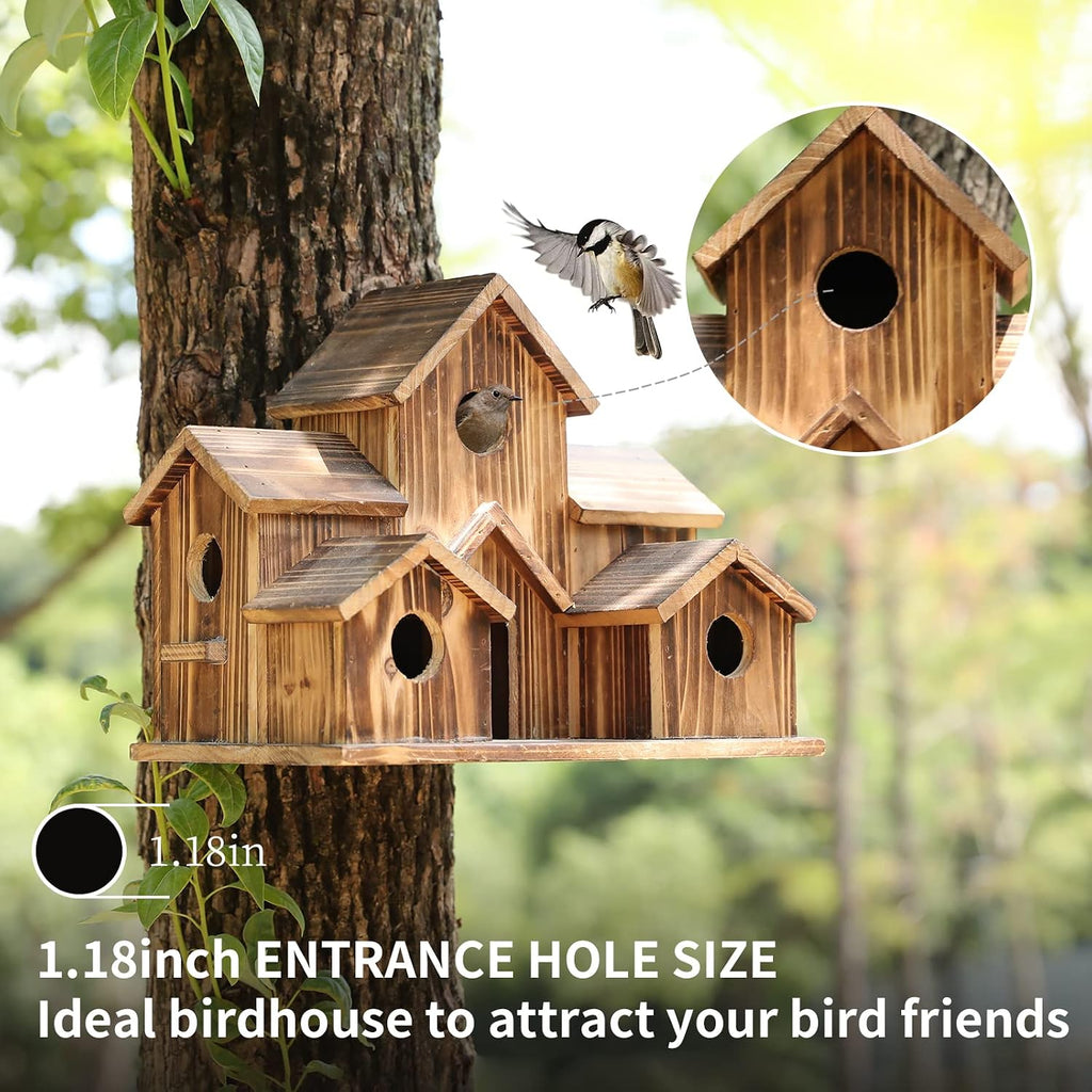 Bird Houses for Outside Hanging,6 Hole Wooden Bird Houses Largel Bird House for Backyard/Courtyard/Patio Decor