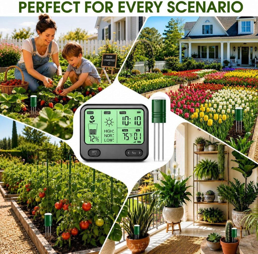 4-in-1 Soil Moisture Meter for Plants ,Soil Temperature /Moisture /Sunlight Time, Large Screen, Garden Soil Tester for
