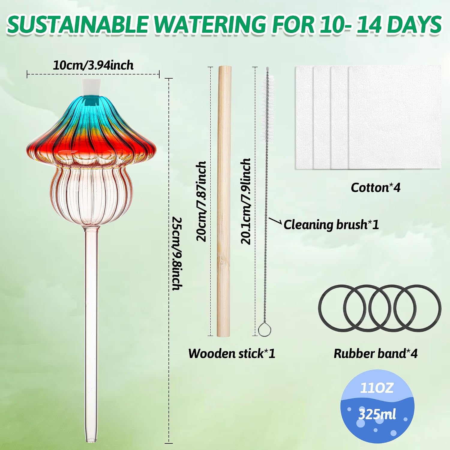 11 oz Large Plant Watering Globes Mushroom, Gradient Color Glass Watering Bulbs, Self Watering Planter Insert, Self