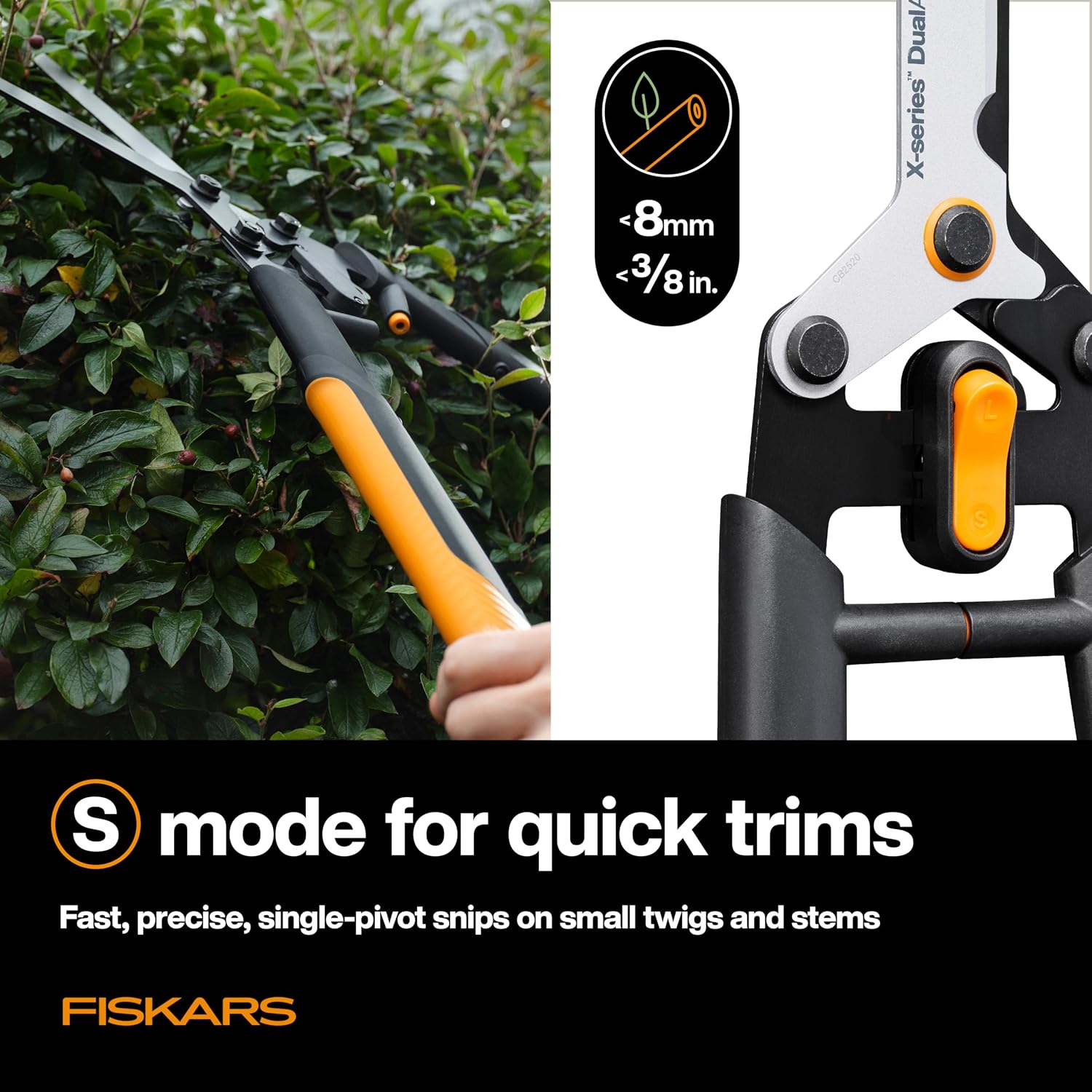 Fiskars 25" DualAction Hedge Shears, 2-in-1 Fast or Powerful Trimming | Cuts Through Thin & Thick Branches of Hedges &