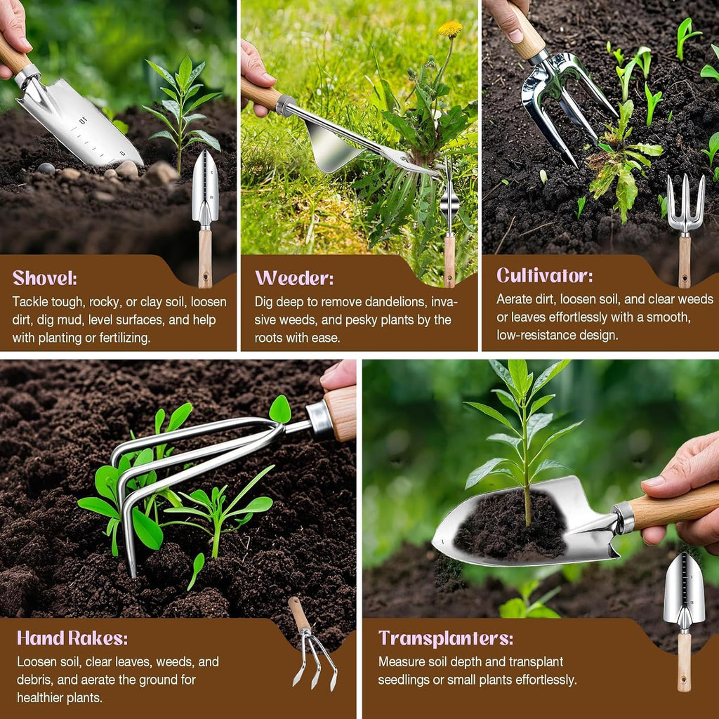 Gardening Tools 9 Pcs Garden Tool Set Stainless Steel Purple Tote Bag Gifts | 9-Piece Gardening Gifts, Rust-Proof