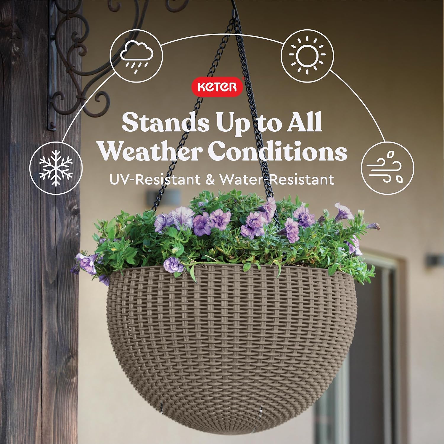Keter Resin Rattan Set of 2 Round Hanging Planter Baskets for Indoor and Outdoor Plants-Perfect for Porches and Patio
