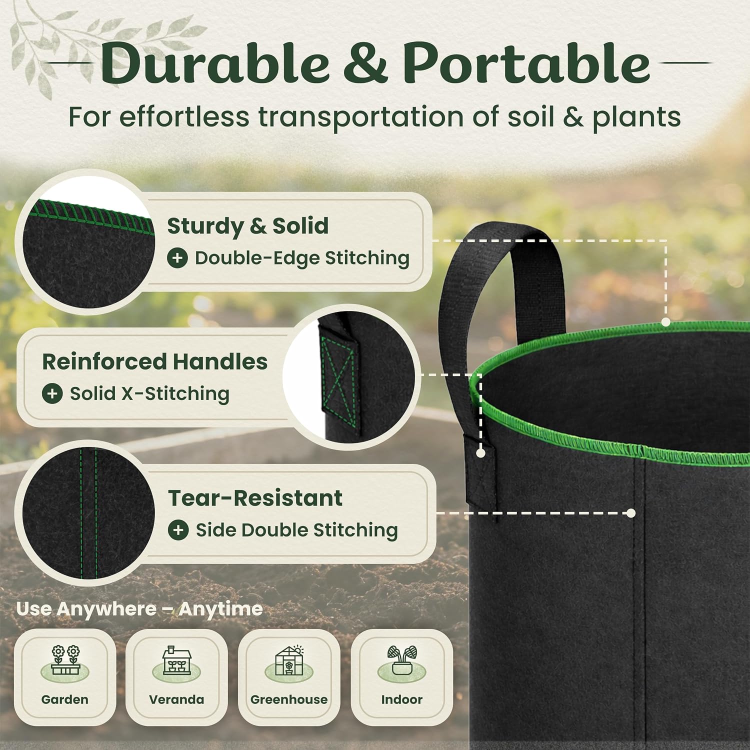 Mabel's Gardening 5-Pack 7 Gallon Grow Bags - Garden Planting Bags 13.4 x 11.4 INCH Made of 8.85 oz/yd² (300g/m²) Felt