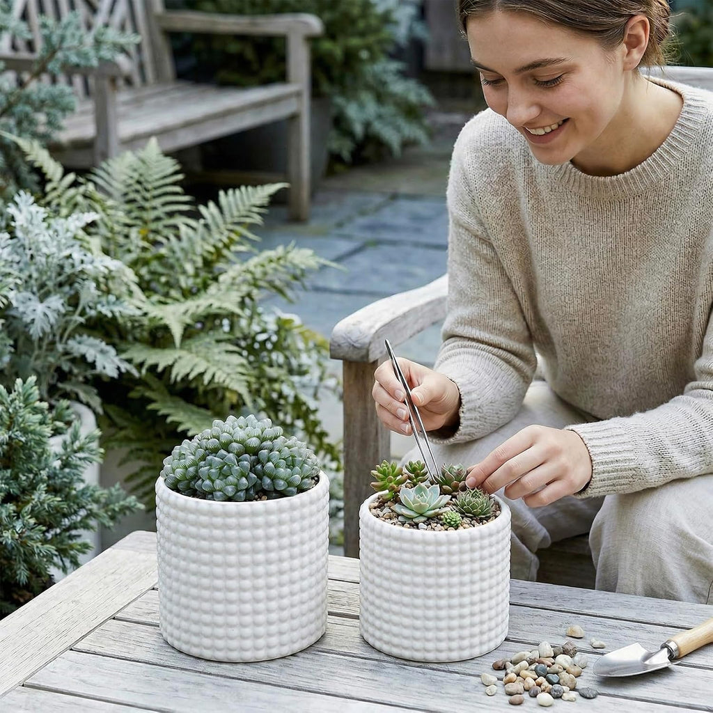 MyGift 6 Inch White Ceramic Planter Pots with Hobnail Texture, Set of 2 | Classic textured plant containers add charm