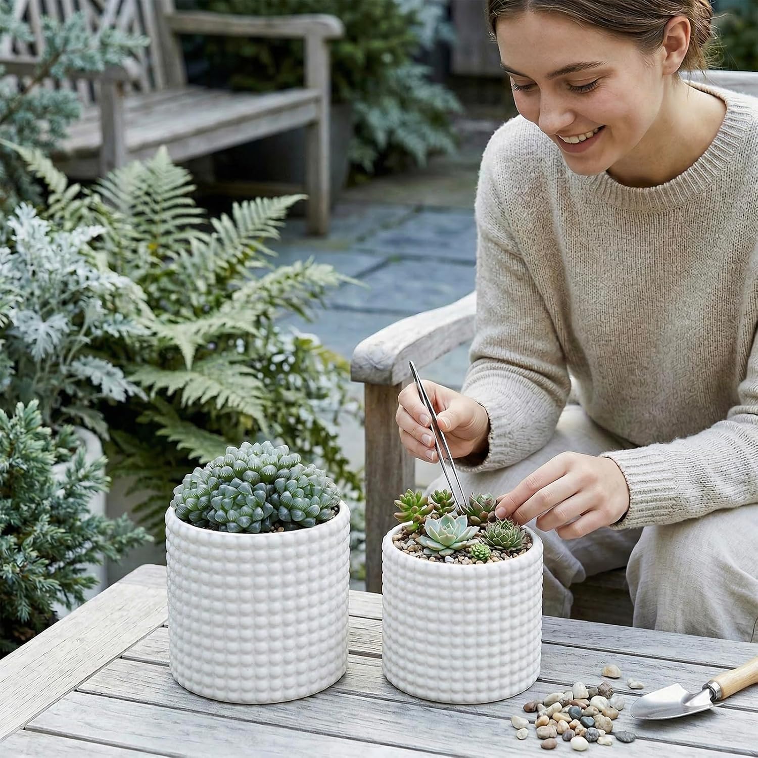 MyGift 6 Inch White Ceramic Planter Pots with Hobnail Texture, Set of 2 | Classic textured plant containers add charm