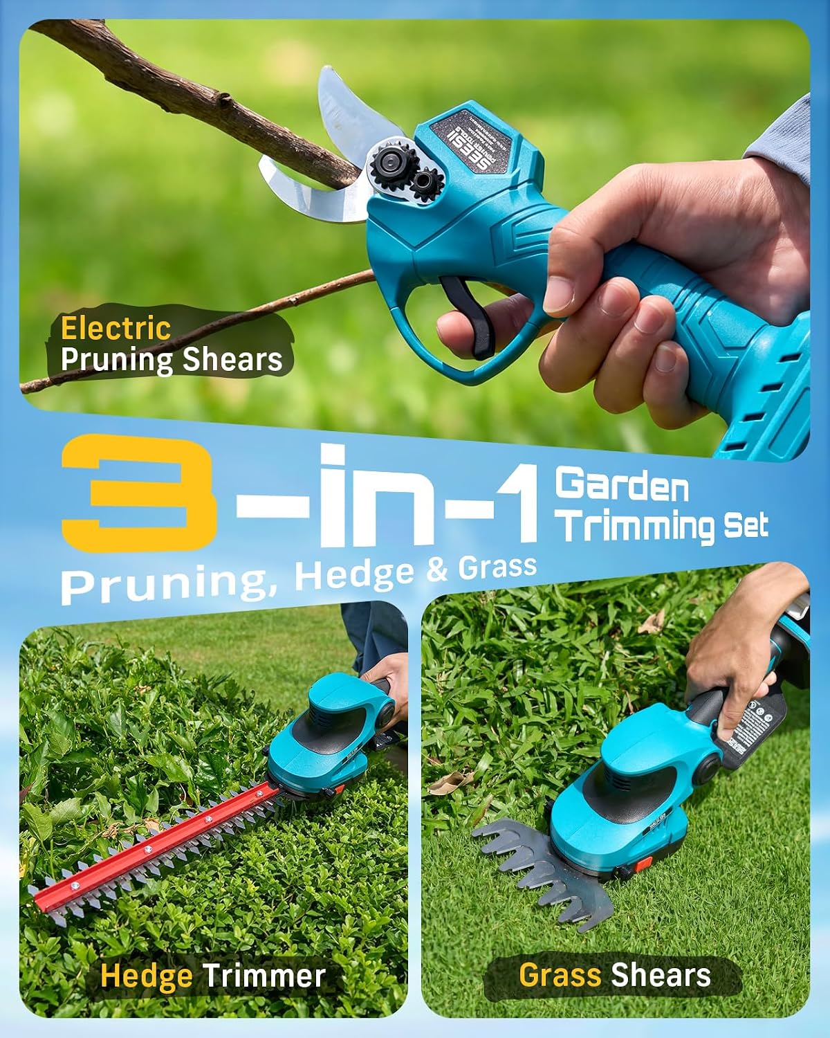 SEESII 3-in-1 Electric Pruning Shears, Cordless Hedge Trimmer & Grass Shear | 1.4'' Pruning Shears, 12" Shrub Trimmer &